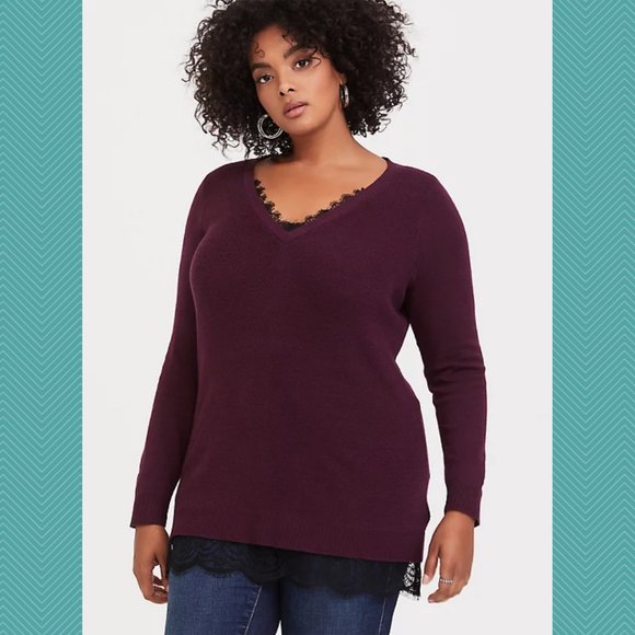 Torrid Burgundy Cotton V-Neck Lace Trim Sweater - Picture 1 of 5